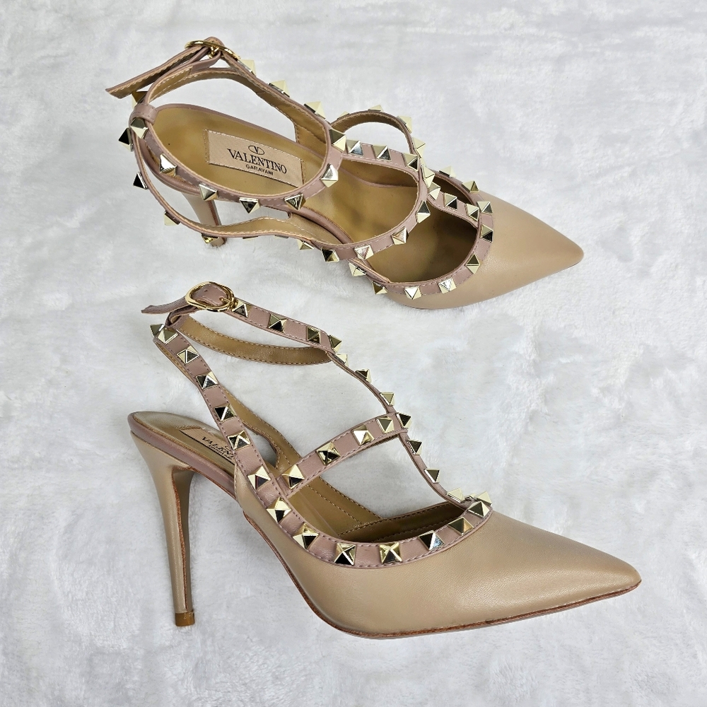 Valentino Garavani Rockstud Ankle Strap Pump In Calfskin Leather Sz 38